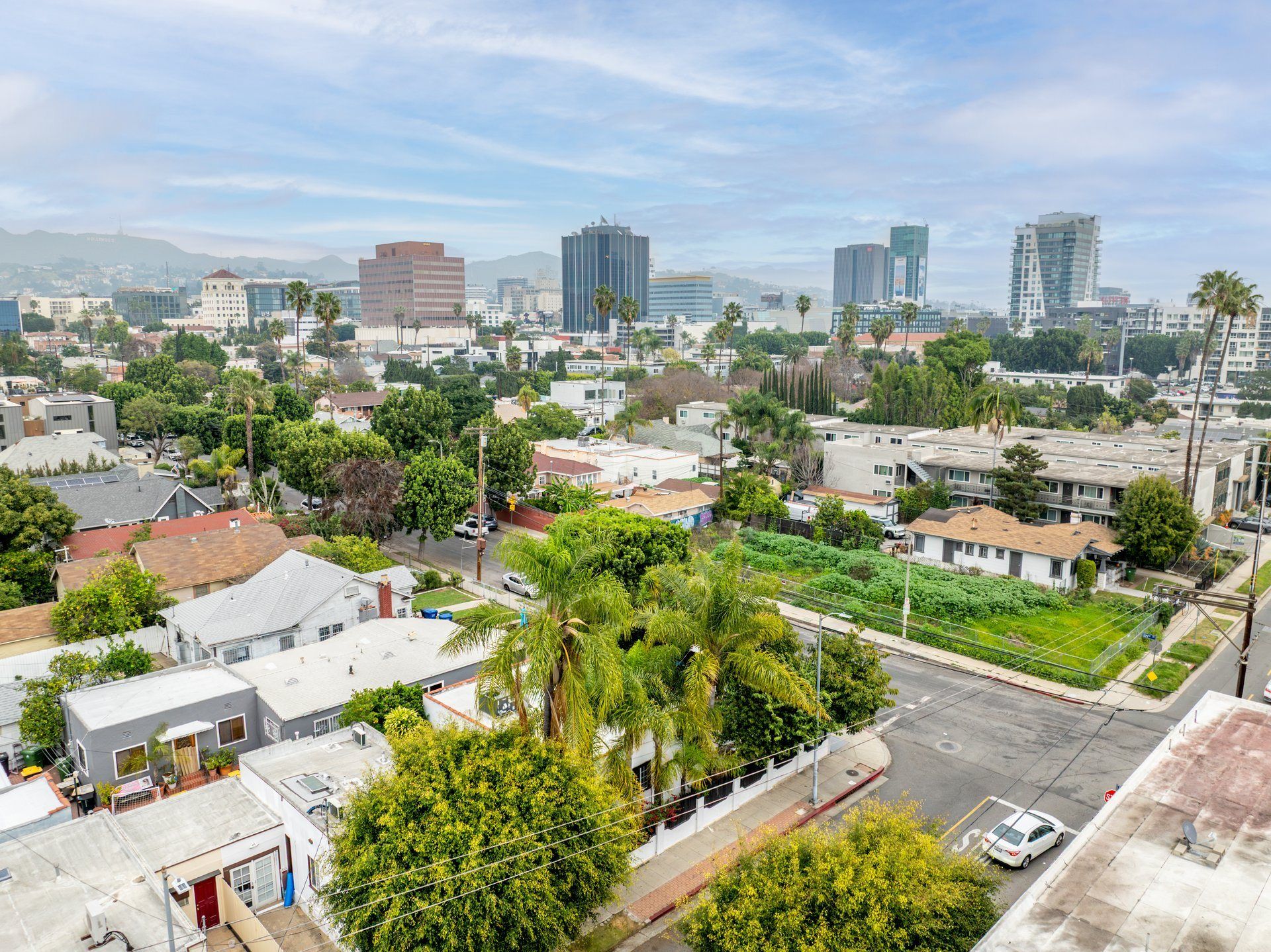 Aerial view over the Hollywood flats toward the hills, Los Angeles