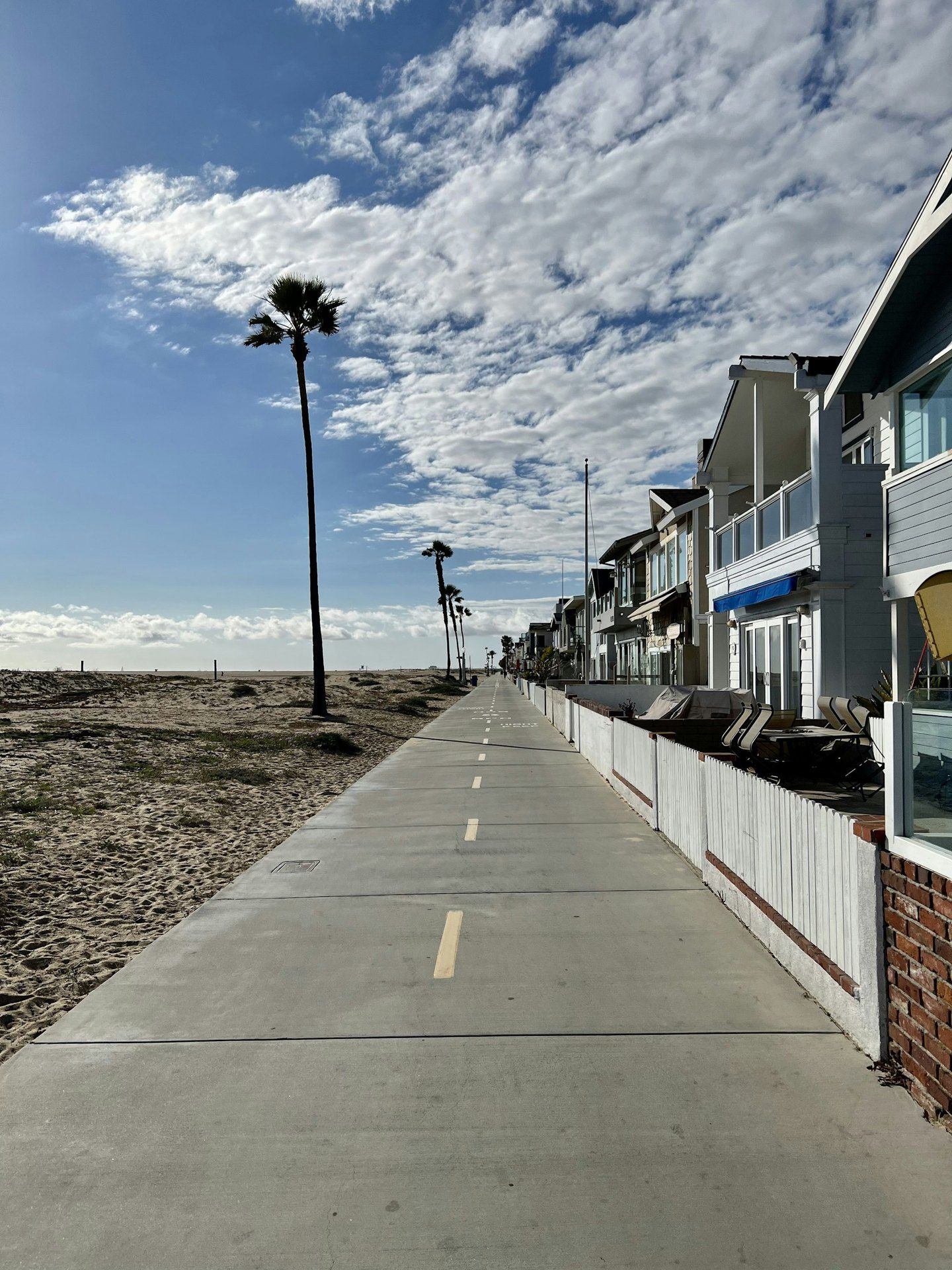 Palm-lined boardwalk running past beach houses in Newport Beach, California