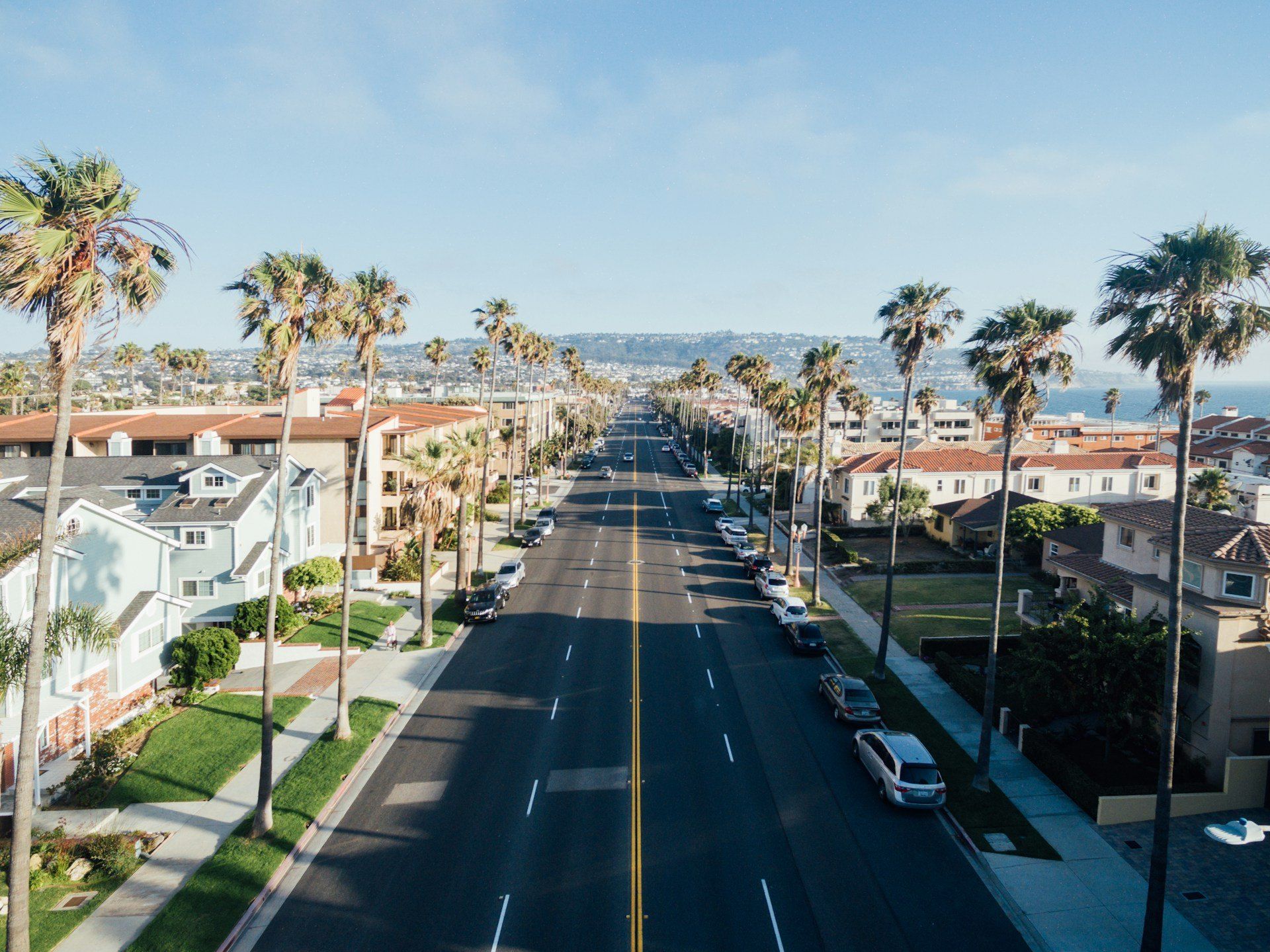 Aerial view down a palm-lined residential street in South Redondo, Redondo Beach