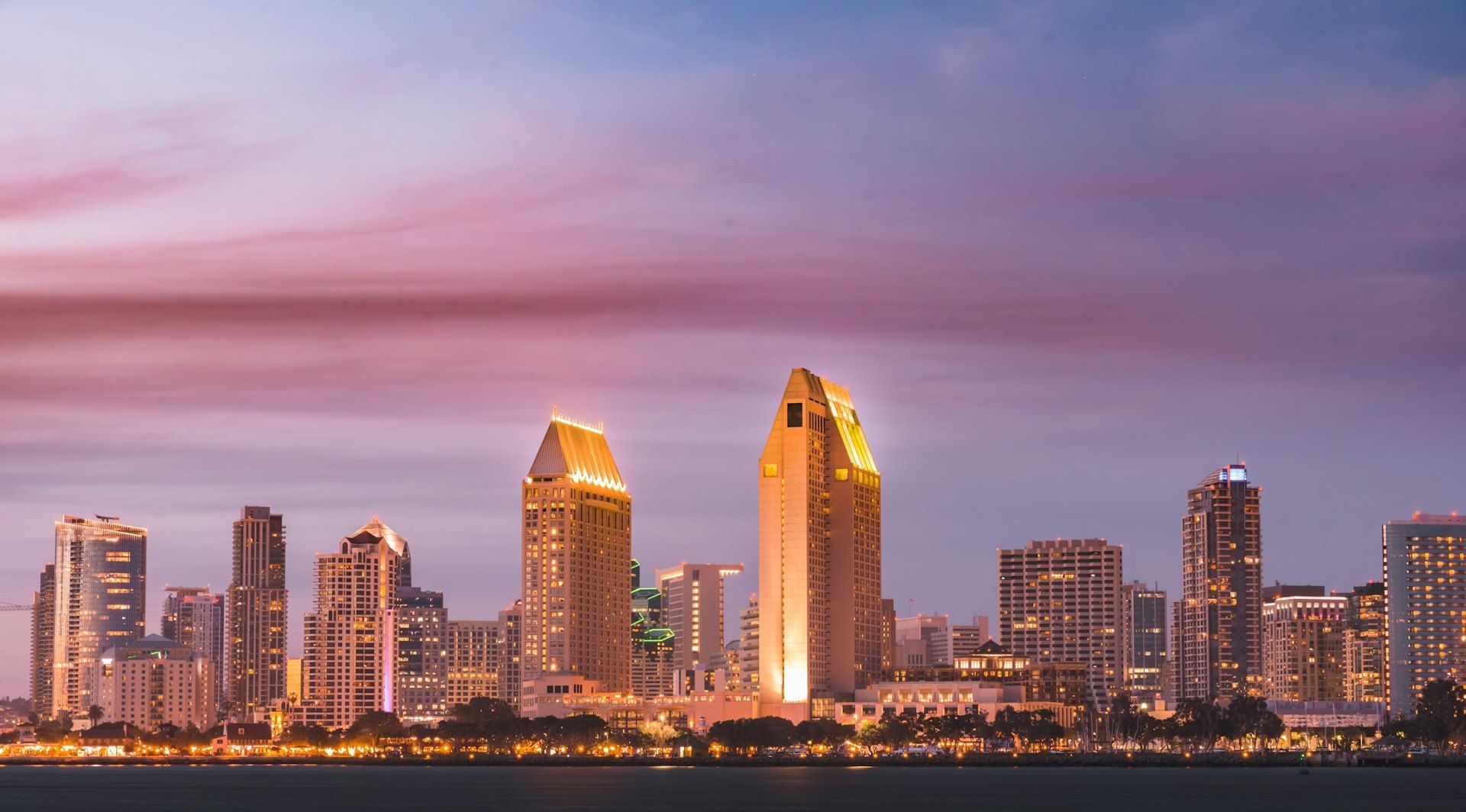 The downtown San Diego skyline seen across the bay at sunset